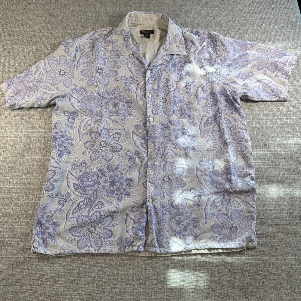 Harold Powell Men XL 100% Linen Floral Paisley Shirt Lavender Resort Short Sleev
